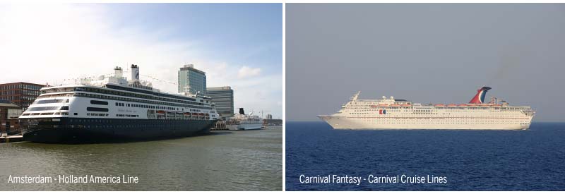 Amsterdam van Holland America Line en Carnival Fantasy van 

Carnival Cruise Lines